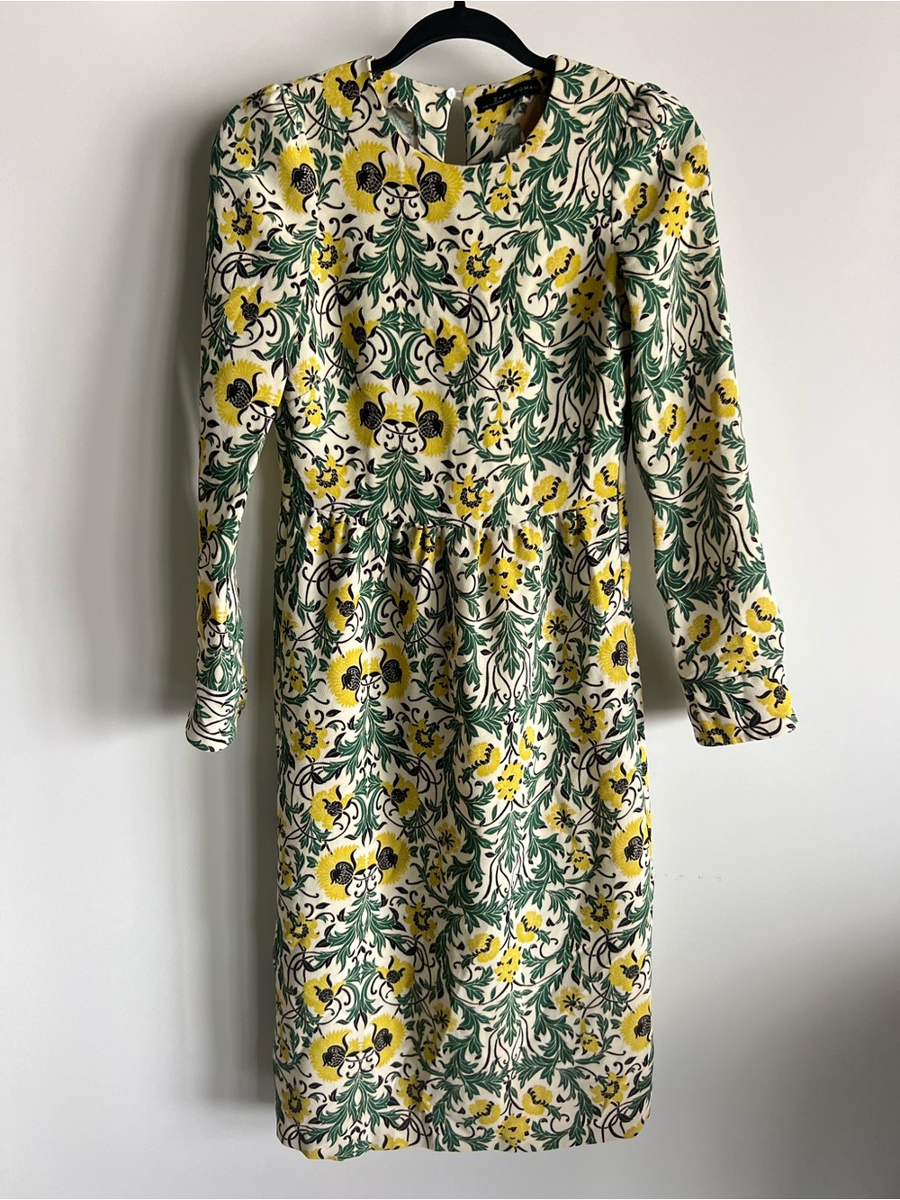 Floral Long-Sleeve Midi Dress in Yellow and Green